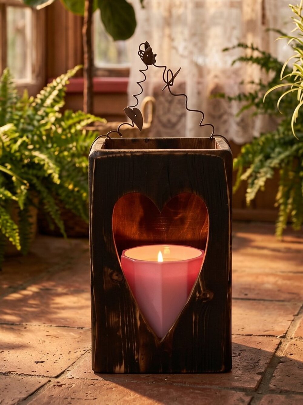 Rustic Wooden Lantern Candle Holder w/Heart Cutout Coil Handle w/3 Metal Hearts